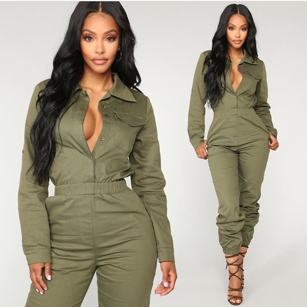 Fashion Nova Olive Aviator Babe Jumpsuit Medium